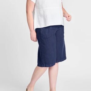 Flax Womens navy blue linen clam digger pea coat long shorts pockets L